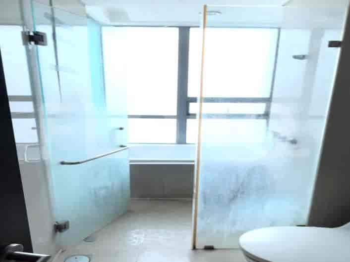 A modern bathroom with a shower and a toilet.