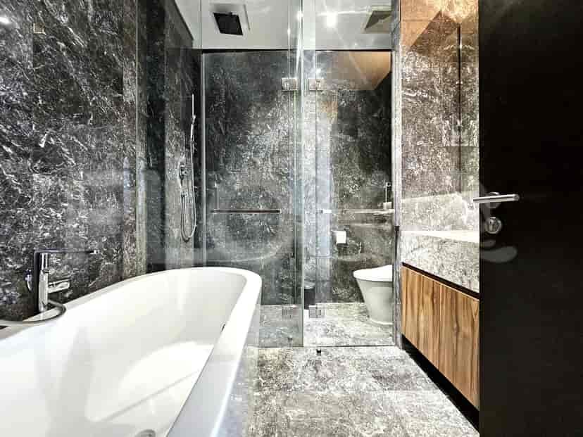 Bathroom with a bathtub, shower, and dark marble.