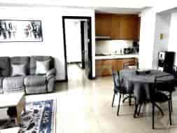 Living room with dining and kitchen views, featuring sofa, table, and access to the kitchen.