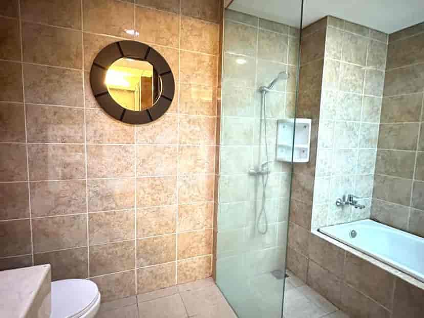 Bathroom with a shower, toilet and a mirror.