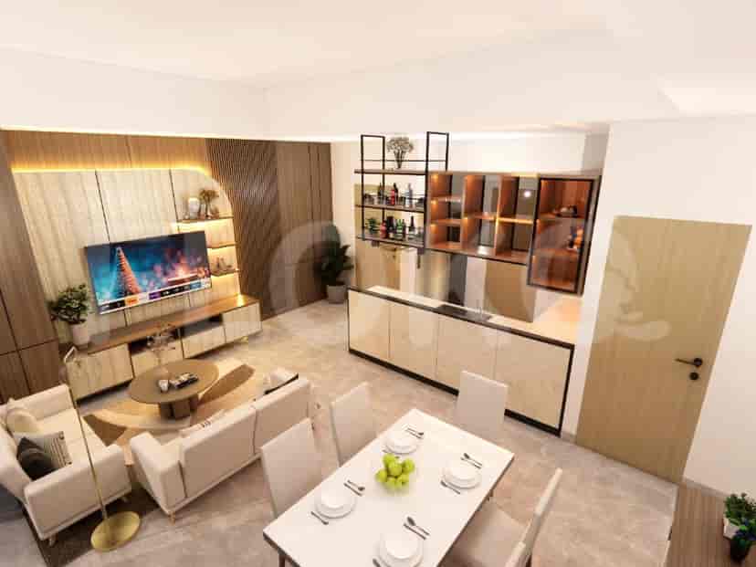 Open-concept living area with a kitchen, dining area, and living room, featuring light-colored furniture and wooden accents.
