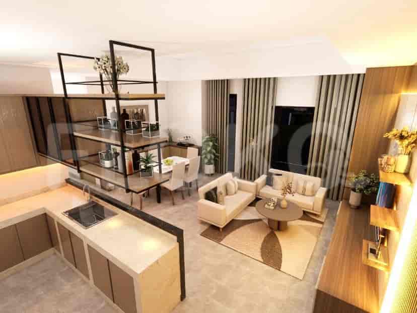 View of the living room and kitchen area, showcasing modern design and a cohesive color palette.