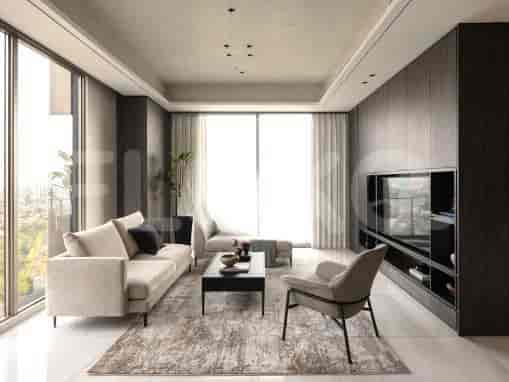 Ruang tamu modern dengan sofa berbentuk L berwarna abu-abu, TV, dan jendela besar.