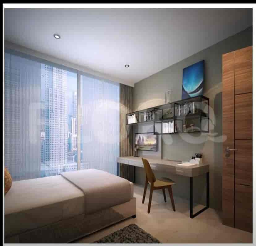Stylish bedroom featuring a desk and a scenic city view.