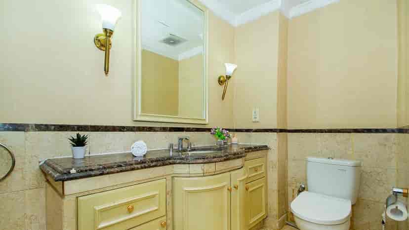 Bathroom with a toilet and vanity.