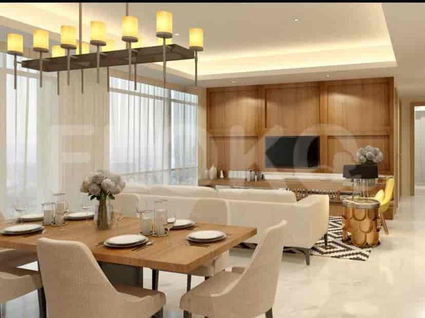 A modern dining and living area featuring a wooden dining table with chairs and a contemporary chandelier.