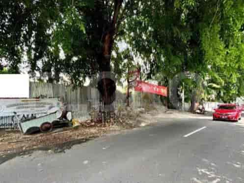A roadside view showing the street, trees, and a red car.