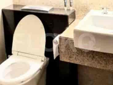 A bathroom with a toilet, sink, and a stone counter.