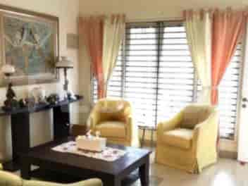 A living room with two yellow armchairs, a dark wood coffee table, and a large window with Venetian blinds.