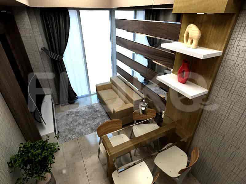 An open-plan living/dining area with a dining table, sofa, and TV.