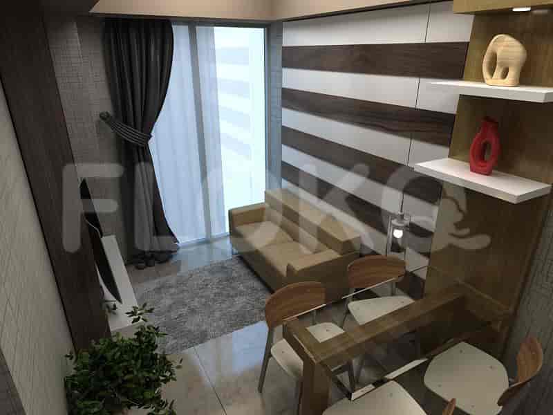 A living/dining area with a sofa, dining table, and window.