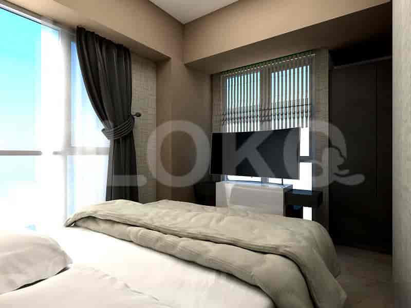 A master bedroom with a bed, TV, and window with curtains.