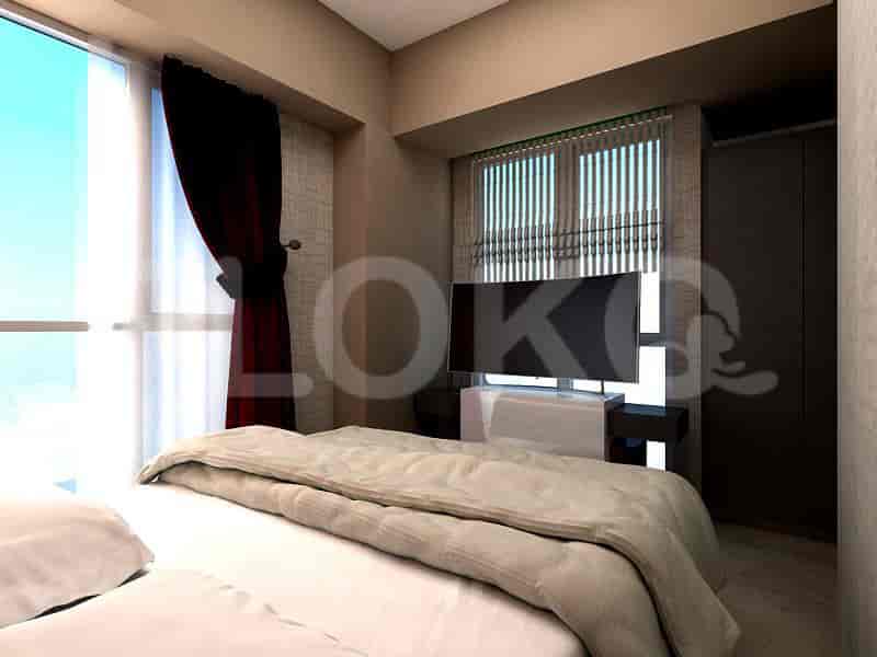 A master bedroom with a bed, TV, and window with curtains.