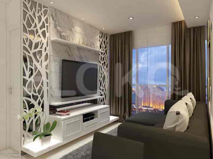 Modern living room with an L-shaped sofa, TV, and a city view.