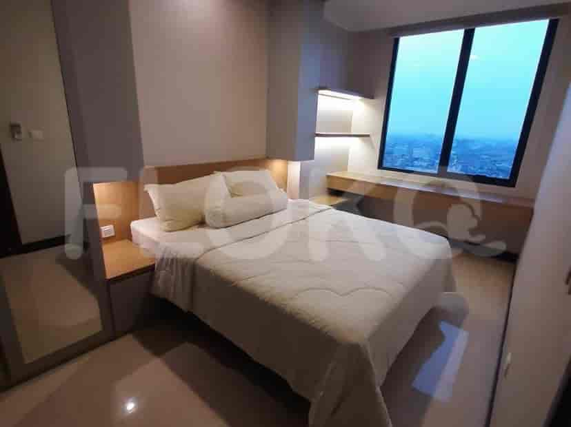 The bedroom features a bed, a large window, and modern minimalist style.