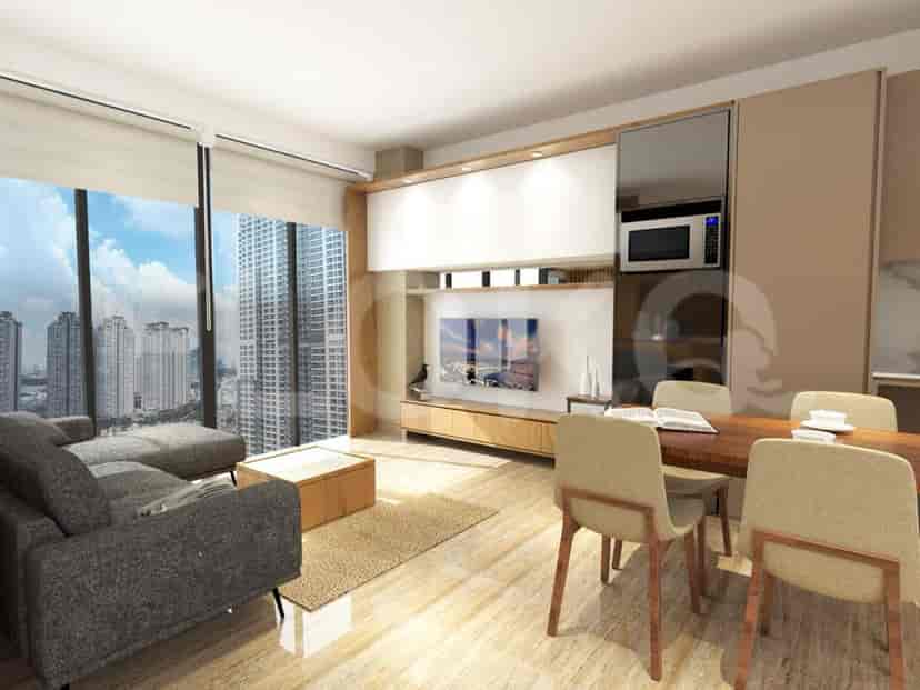 Modern living room with an L-shaped grey sofa and a TV, showcasing a city view.