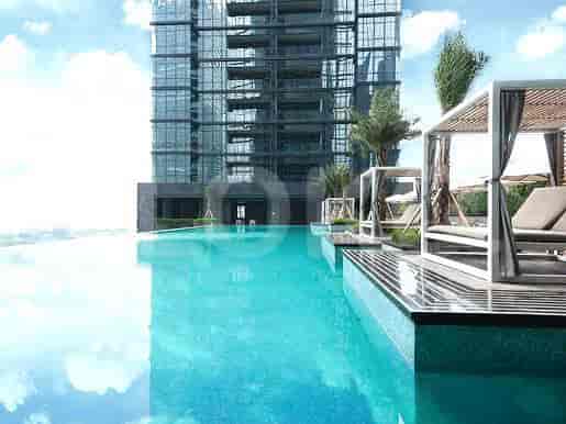 Pool area with cabanas, a stunning view.