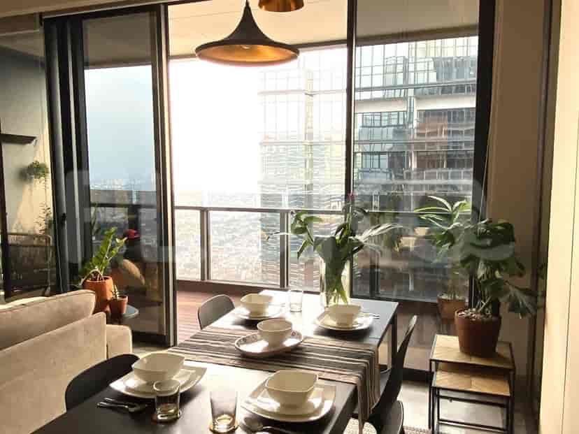 Dining area with a view of the city.