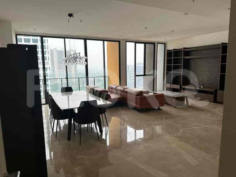 Spacious living and dining area with a marble dining table, seating, and cityscape view.