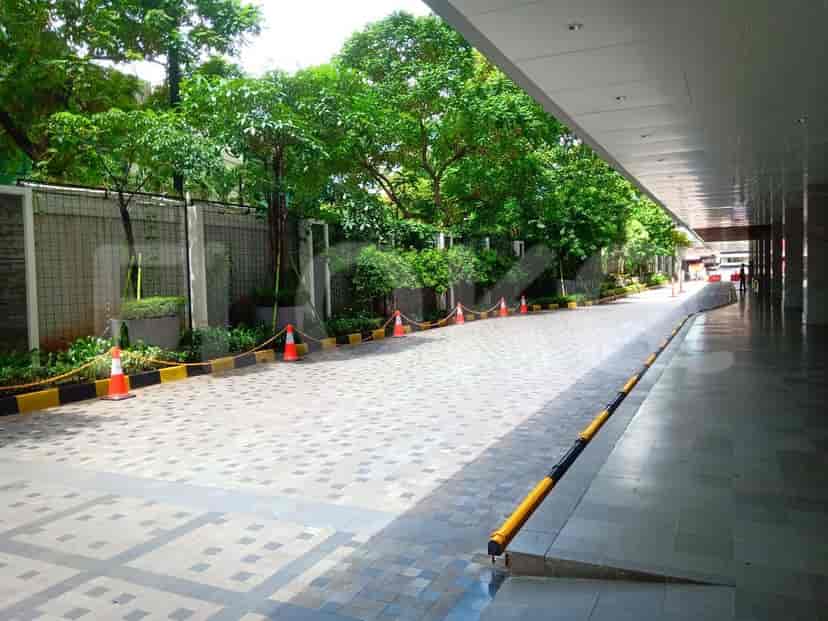 A long driveway leading to the building, lined with trees and cones.