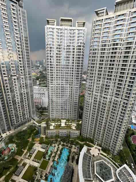 Aerial view of a complex of high-rise buildings.