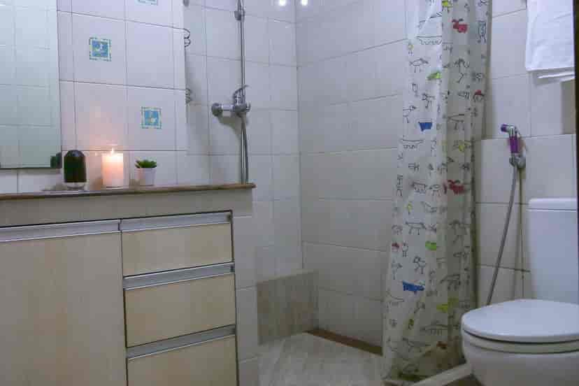 A bathroom with tiled walls, a shower, a toilet, and vanity area.