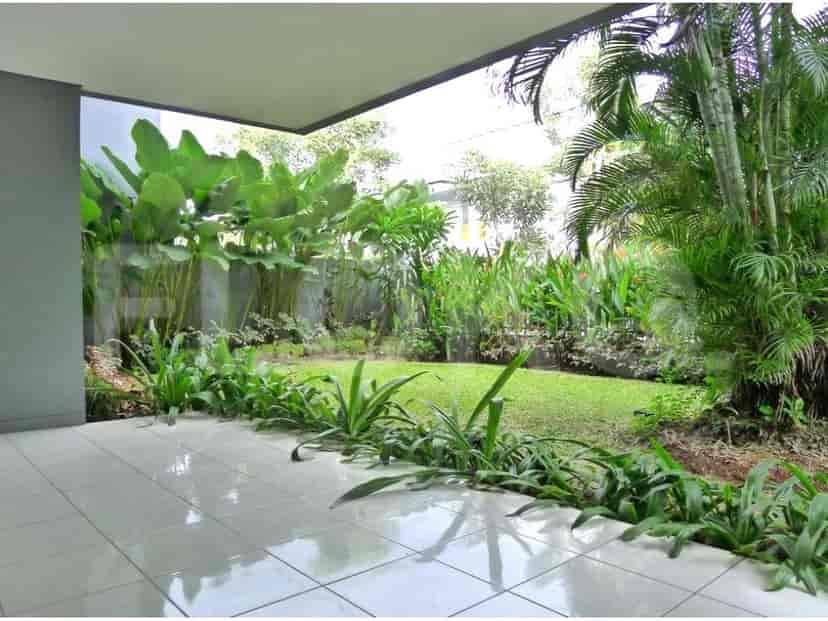 A view of a patio garden with lush plants and tile flooring.
