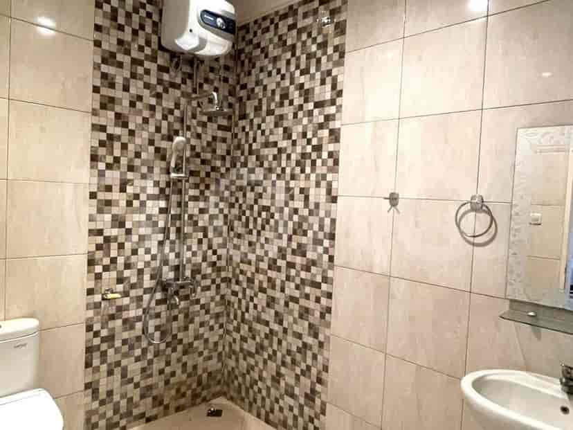 Bathroom with a mosaic tile accent wall, a shower, and a toilet.