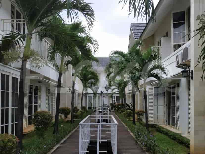 A courtyard with a wooden walkway, flanked by palm trees and white buildings.