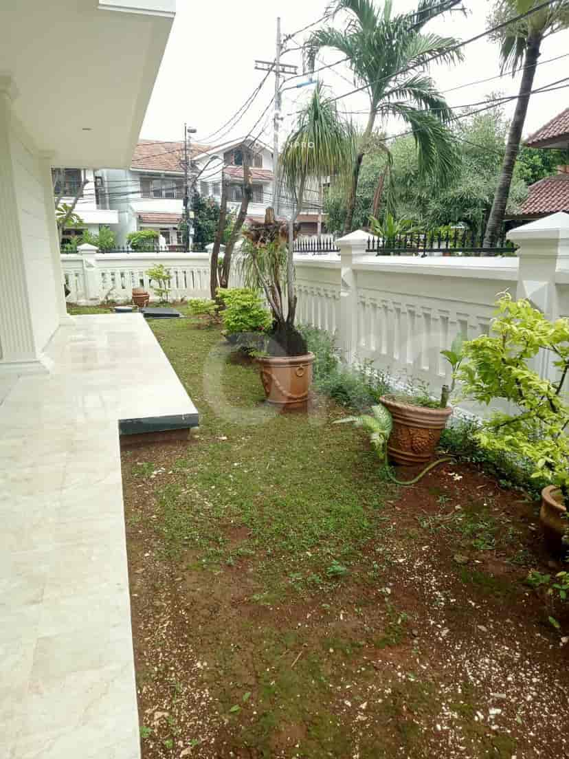 A garden area with trees and plants and a white fence.