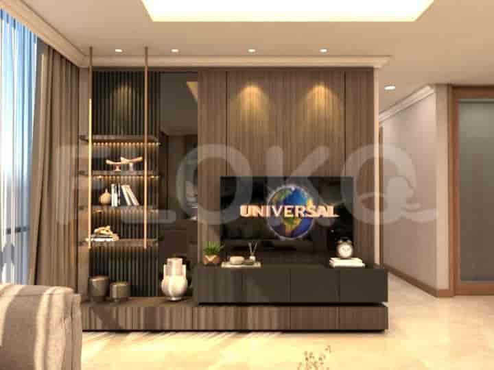 Living area with entertainment unit, TV, and display shelves.