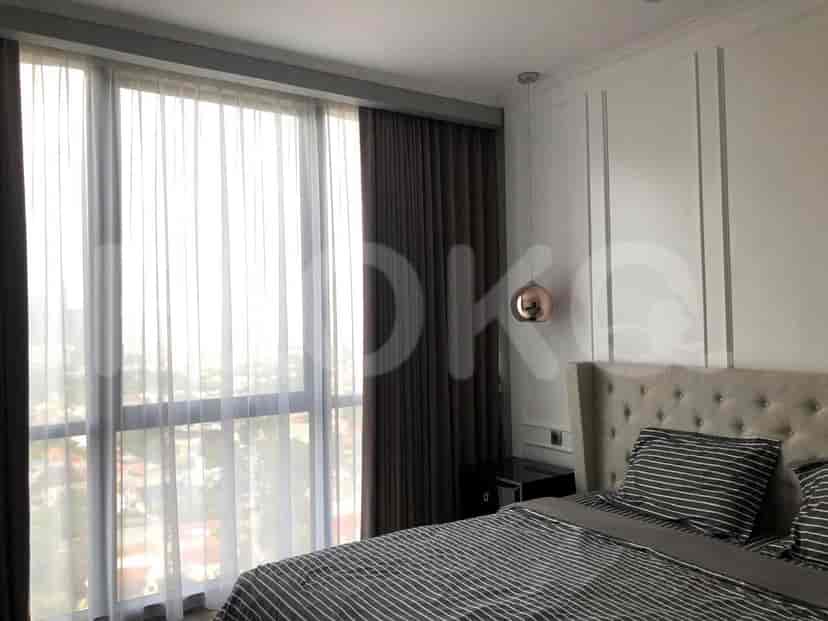 A modern bedroom with a queen-sized bed, large window with dual curtains, and a minimalist design.