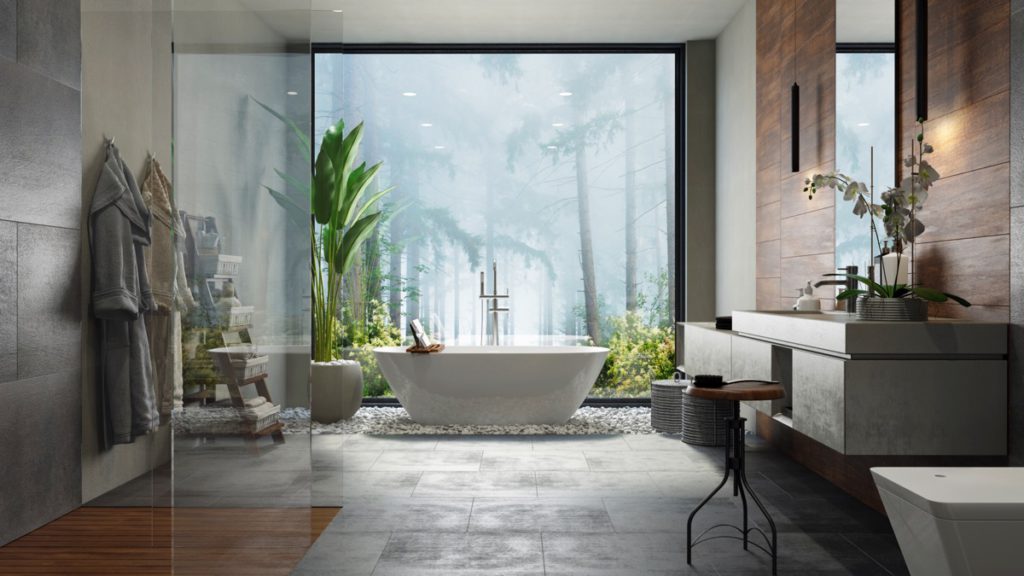 kamar mandi mewah dengan bathtub sebagai centerpiece