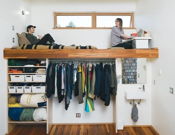 walk-in closet under loft bed