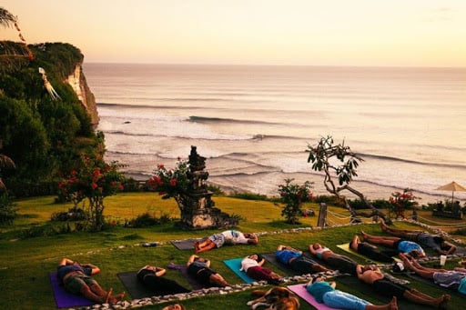 doing yoga in bali with amazing scenery