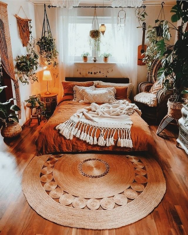 an overview of cozy bohemian bedroom